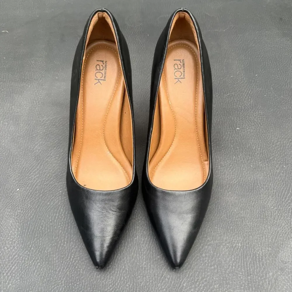 Nordstrom Rack Pumps Women 7.5 Black Pointed Toe Kitten Heel Leather Office Chic